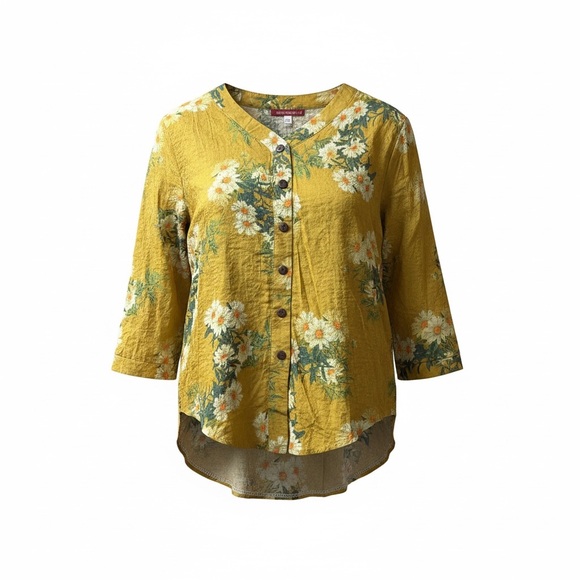 Tops - Floral Linen Button-Front Yellow Floral Boho Women’s Top